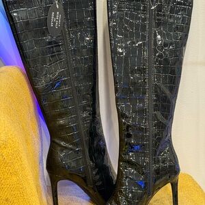 INC International Concepts Black Patent Croc-Embossed Over-the-Knee Boots